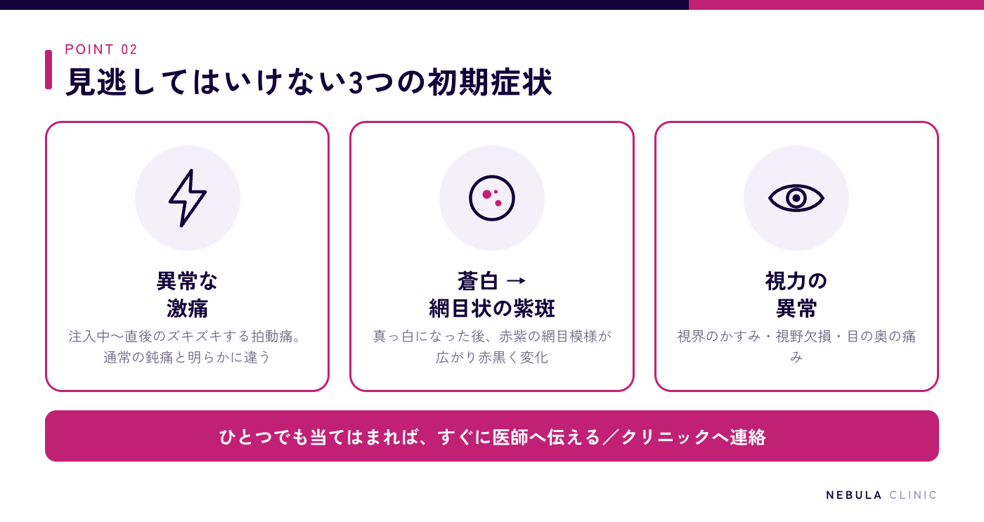 血管塞栓の3つの初期症状(注入中・直後の異常な激痛、皮膚の蒼白や網目状の紫斑、視界のかすみや視野欠損などの視力異常)の図解