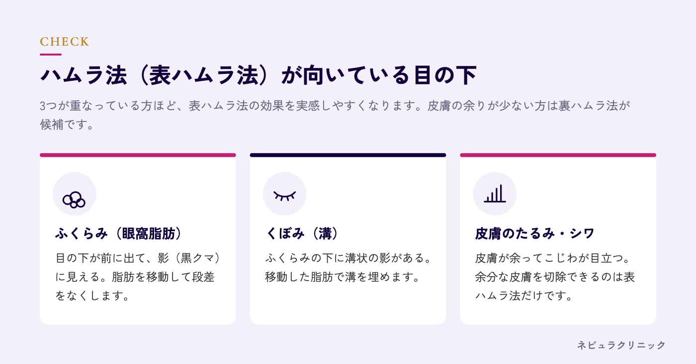 ハムラ法が向いている方（ふくらみ・くぼみ・皮膚のたるみが重なる目の下）の図解