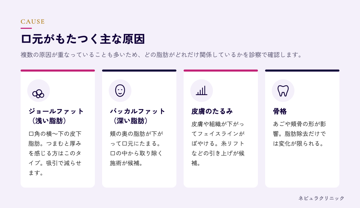口元がもたつく原因（ジョールファット・バッカルファット・皮膚のたるみ・骨格）の図解