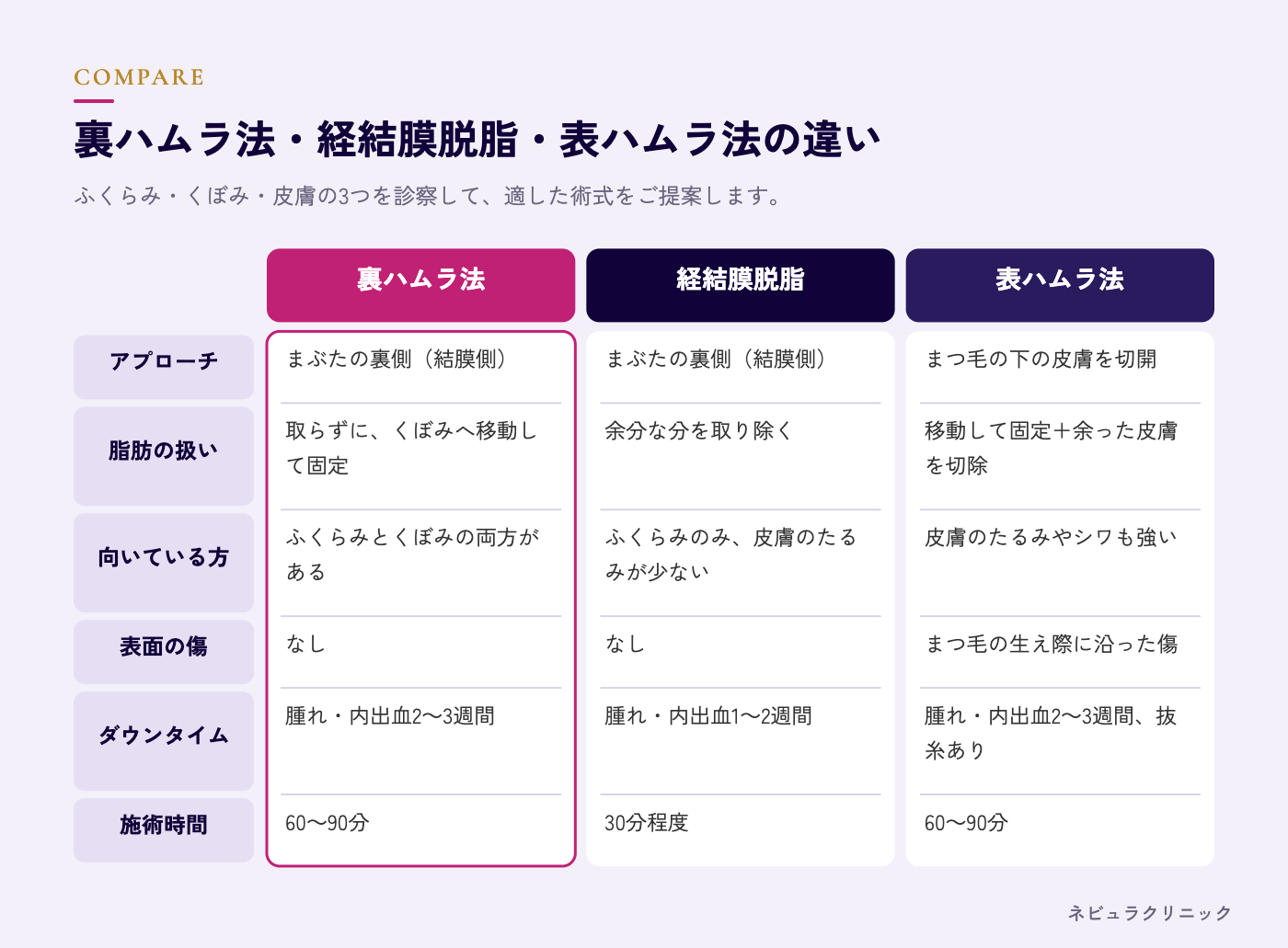 裏ハムラ法・経結膜脱脂・表ハムラ法の違いの比較図解