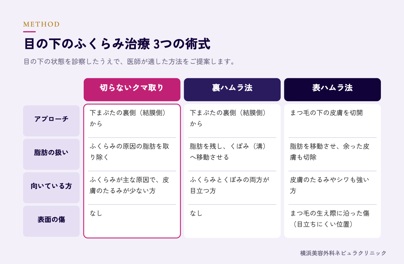 経結膜脱脂・裏ハムラ法・表ハムラ法の違いの図解