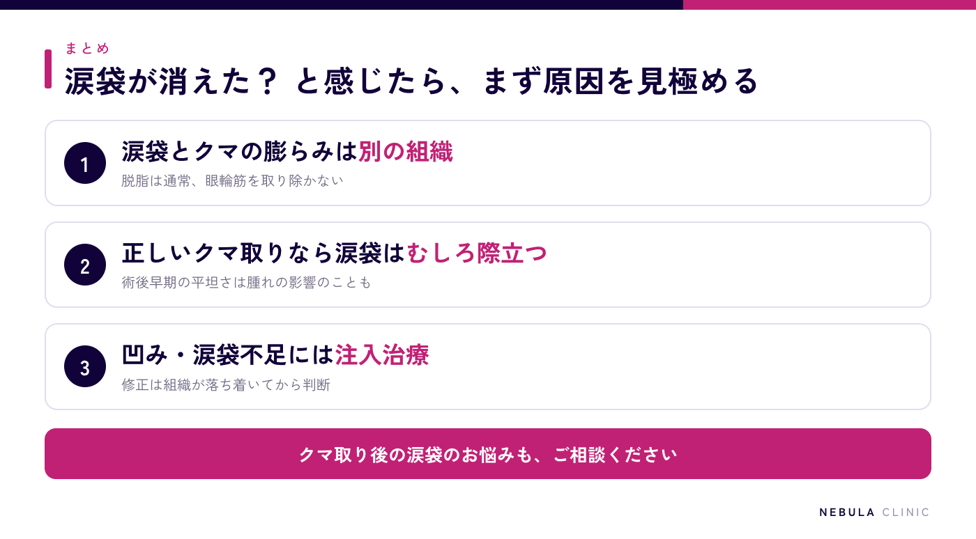 クマ取り後に涙袋がなくなったと感じたときのまとめ図解（涙袋とクマの膨らみは別の組織でまず原因を見極める、正しいクマ取りなら涙袋はむしろ際立つ、凹みや涙袋不足には注入治療、修正は組織が落ち着いてから判断）